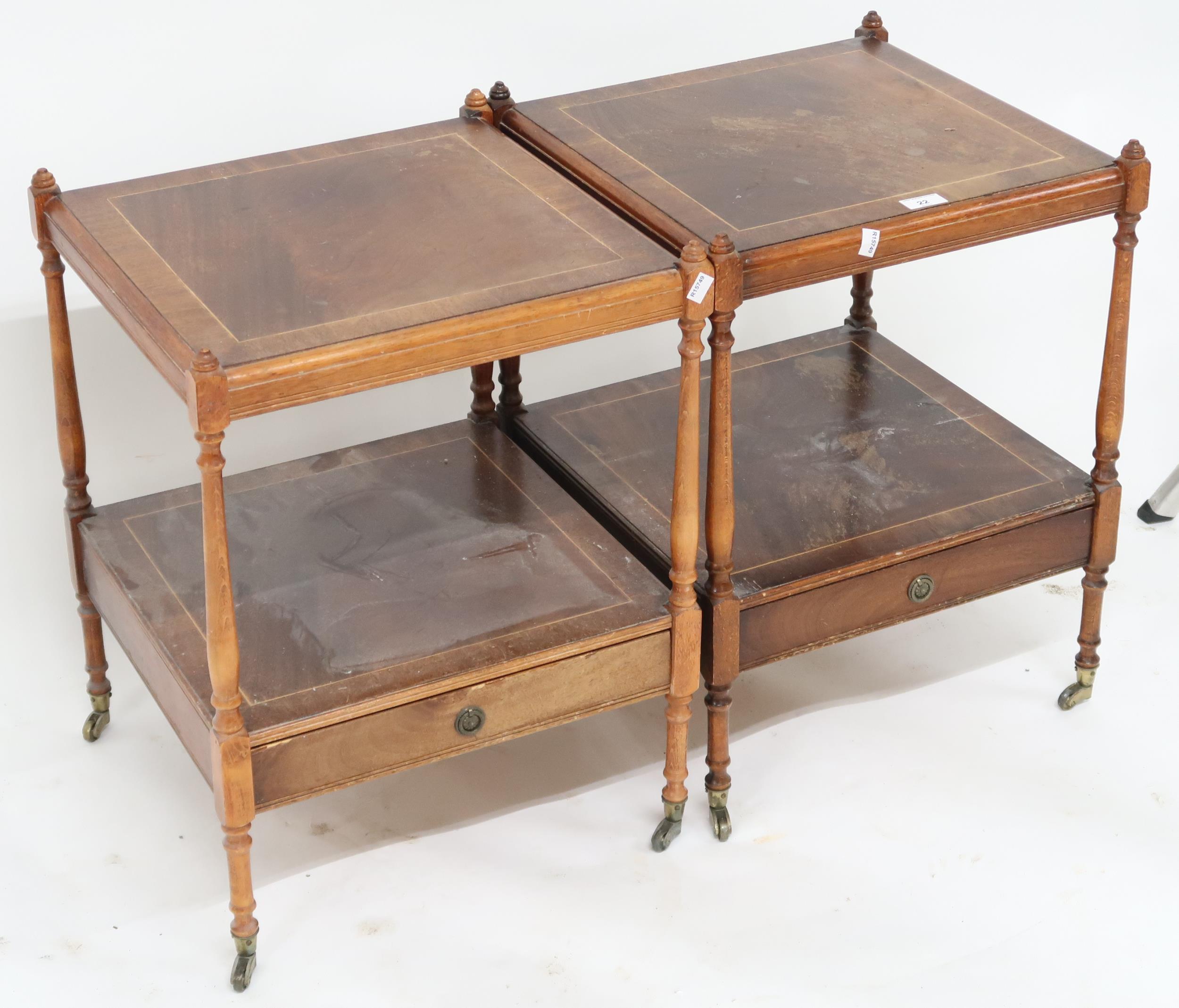 A pair of 20th century mahogany two tier lamp tables with square top over single drawer with - Image 2 of 2