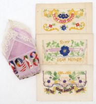 A WW1-period embroidered silk handkerchief, together with three embroidered silk postcards of