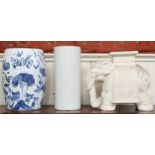 A lot comprising Oriental blue and white ceramic barrel form garden seat, 47cm high x 32cm diameter,