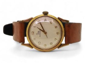 A 9ct gold gents Record watch, hallmarked London 1962, diameter 3cm, with a Hirsch Wildboar, tan