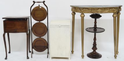 A lot comprising 20th century gilt serpentine front side table with faux marble top, three tier