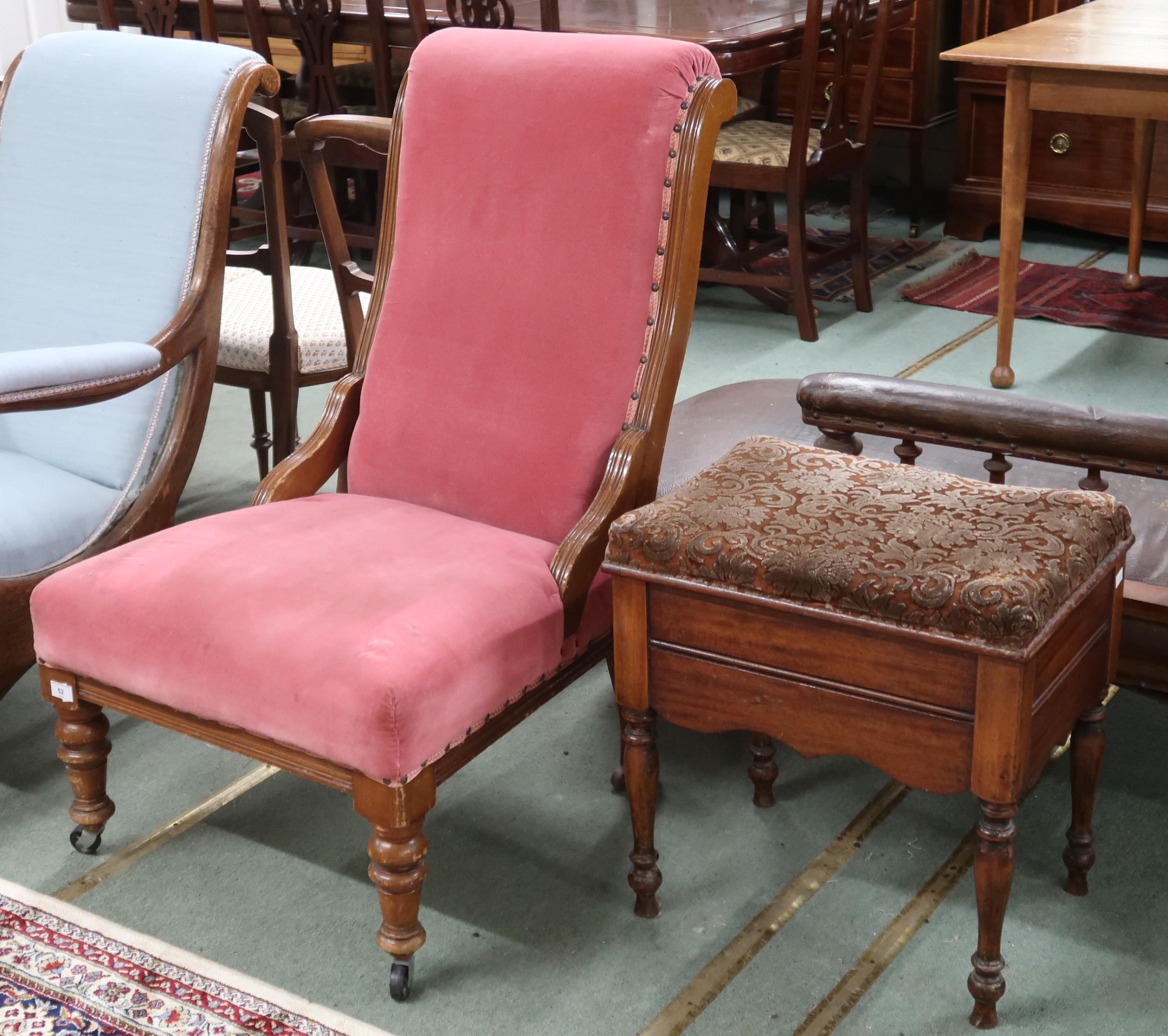 A Victorian pink velour upholstered nursing chair on turned supports, 99cm high x 61cm wide x 81cm - Image 2 of 2