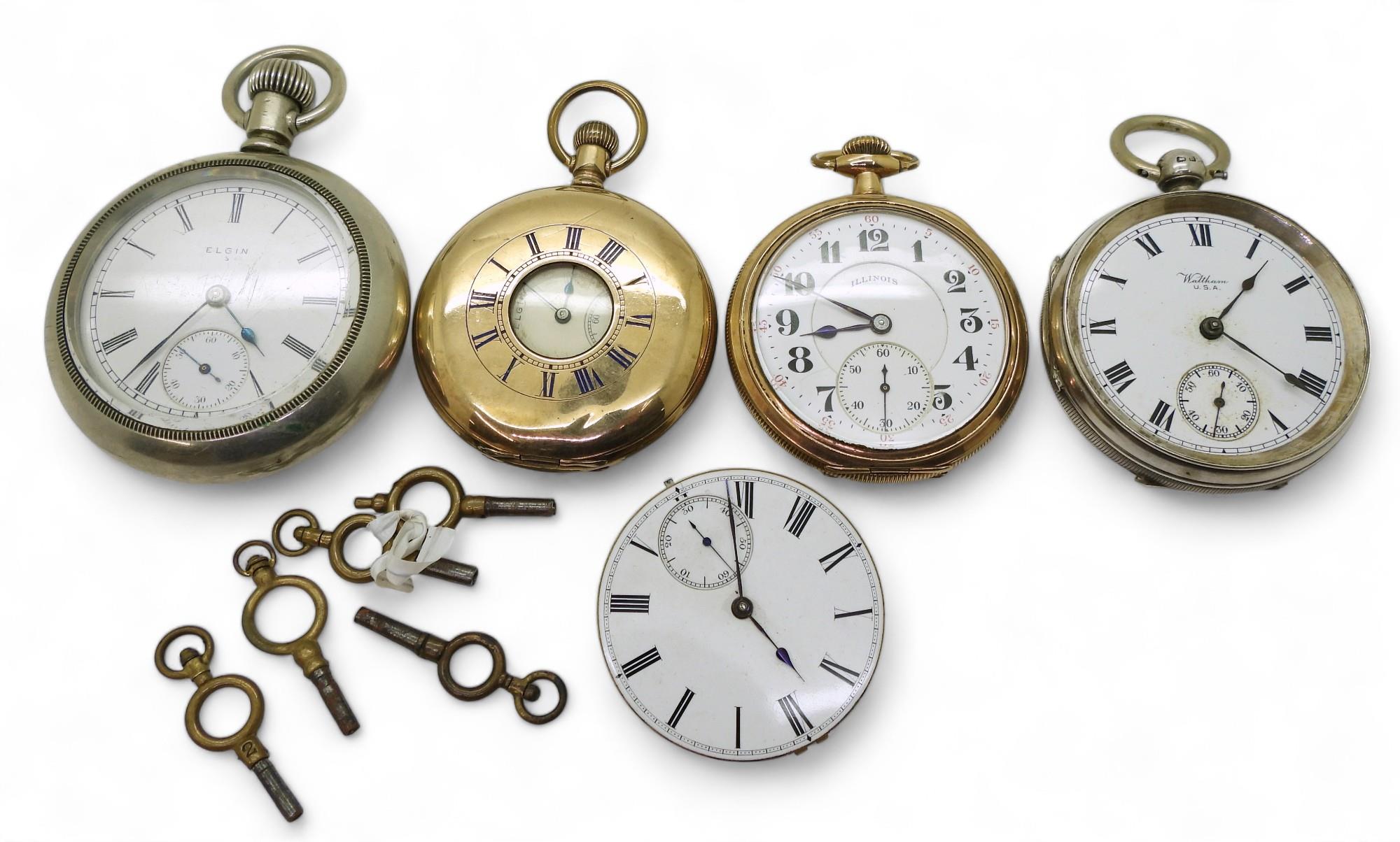 A silver Waltham pocket watch, hallmarked Chester 1918, an Elgin gold plated half hunter, a