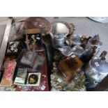 A collection of assorted boxes including Russian painted examples, a antler desk stand, a beaded