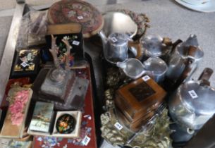 A collection of assorted boxes including Russian painted examples, a antler desk stand, a beaded