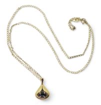 A 14k gold sapphire pendant length 1.8cm, weight 1.6gms, with a 9ct gold chain, length 44cm,