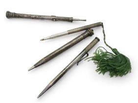 Four silver plated or white metal propelling pencils/pens, to include;- a Samson & Mordan '