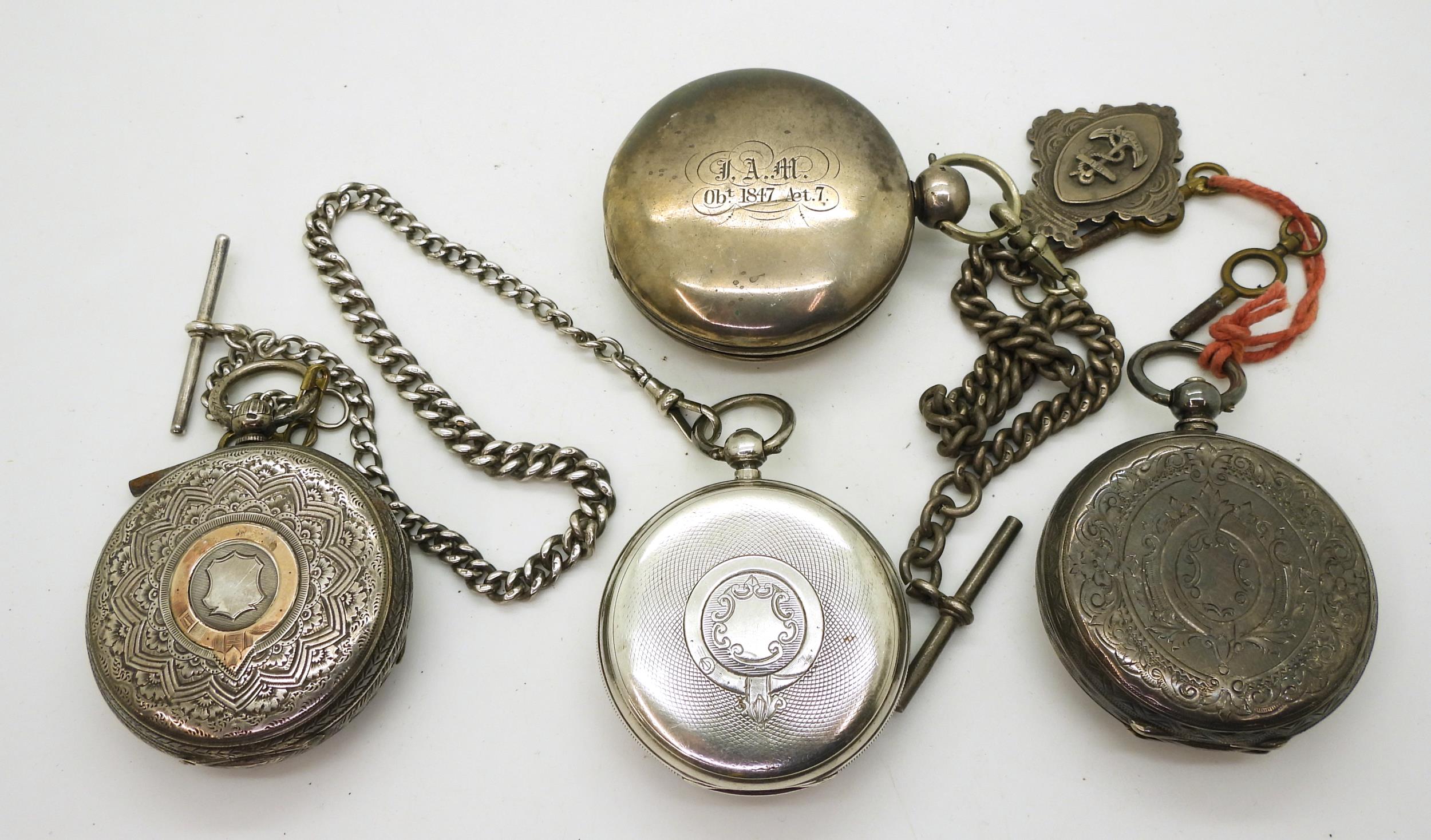 A silver full hunter pocket watch hallmarked Birmingham 1872, diamond capped fly wheel, with - Image 4 of 5
