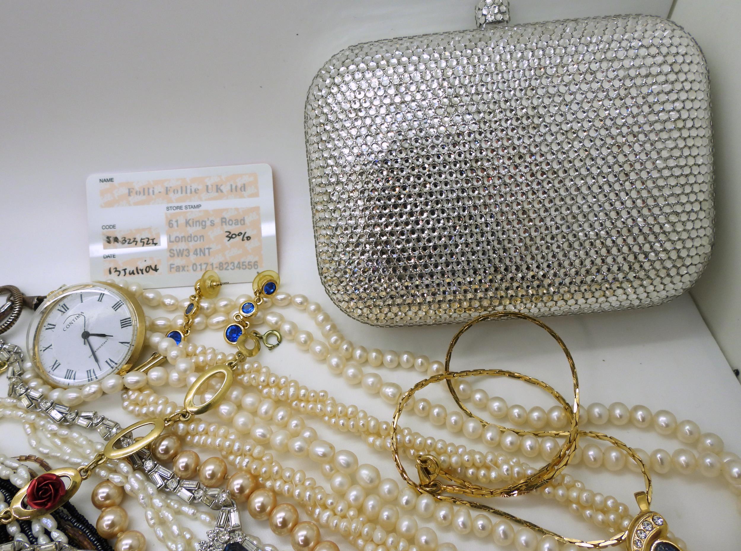 A diamante handbag by Karen Kelly, garnet beads, strings of cultured pearls and bracelets, further - Image 3 of 3