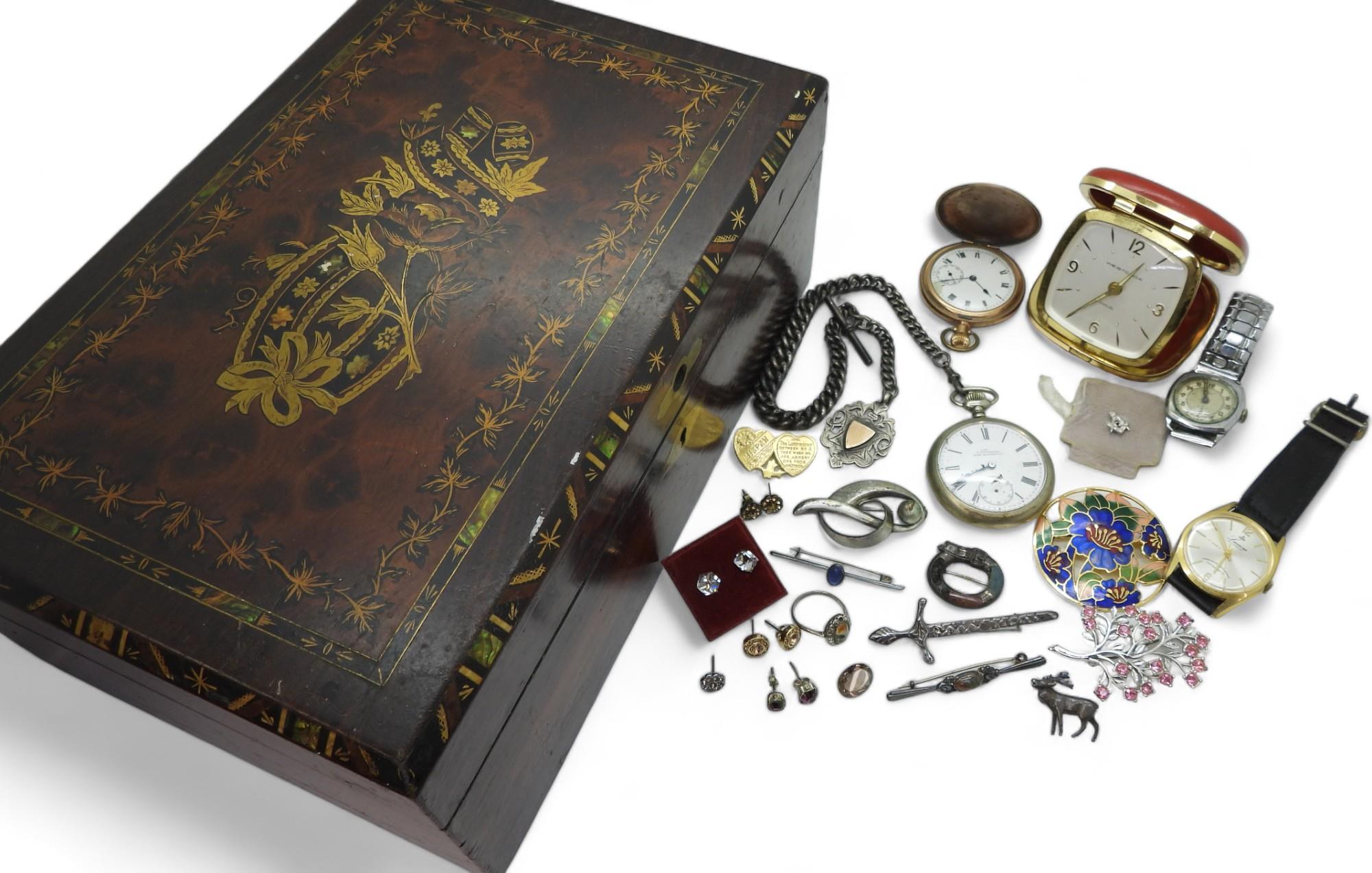 A mother of pearl and brass inlaid marquetry box, containing, a base metal Nirvana pocket watch with