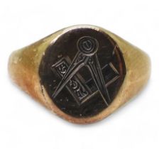 A 9ct gold Masonic signet ring with white gold detail, size S, weight 6.2gms Condition Report: