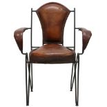 A MID 20TH CENTURY LEATHER & IRON ARMCHAIR AFTER JACQUES ADNET with open armrests made with stitched