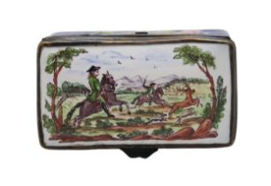 A Bilston enamel box of rectangular form, the lid painted with a hunting scene, 6.5cm long Condition