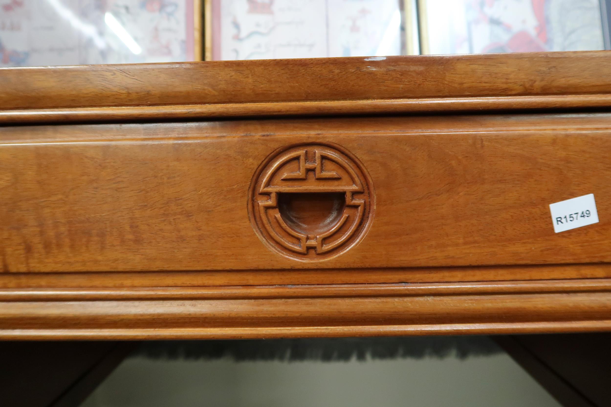 A contemporary Oriental hardwood writing desk with long central drawer flanked by two short - Image 3 of 3