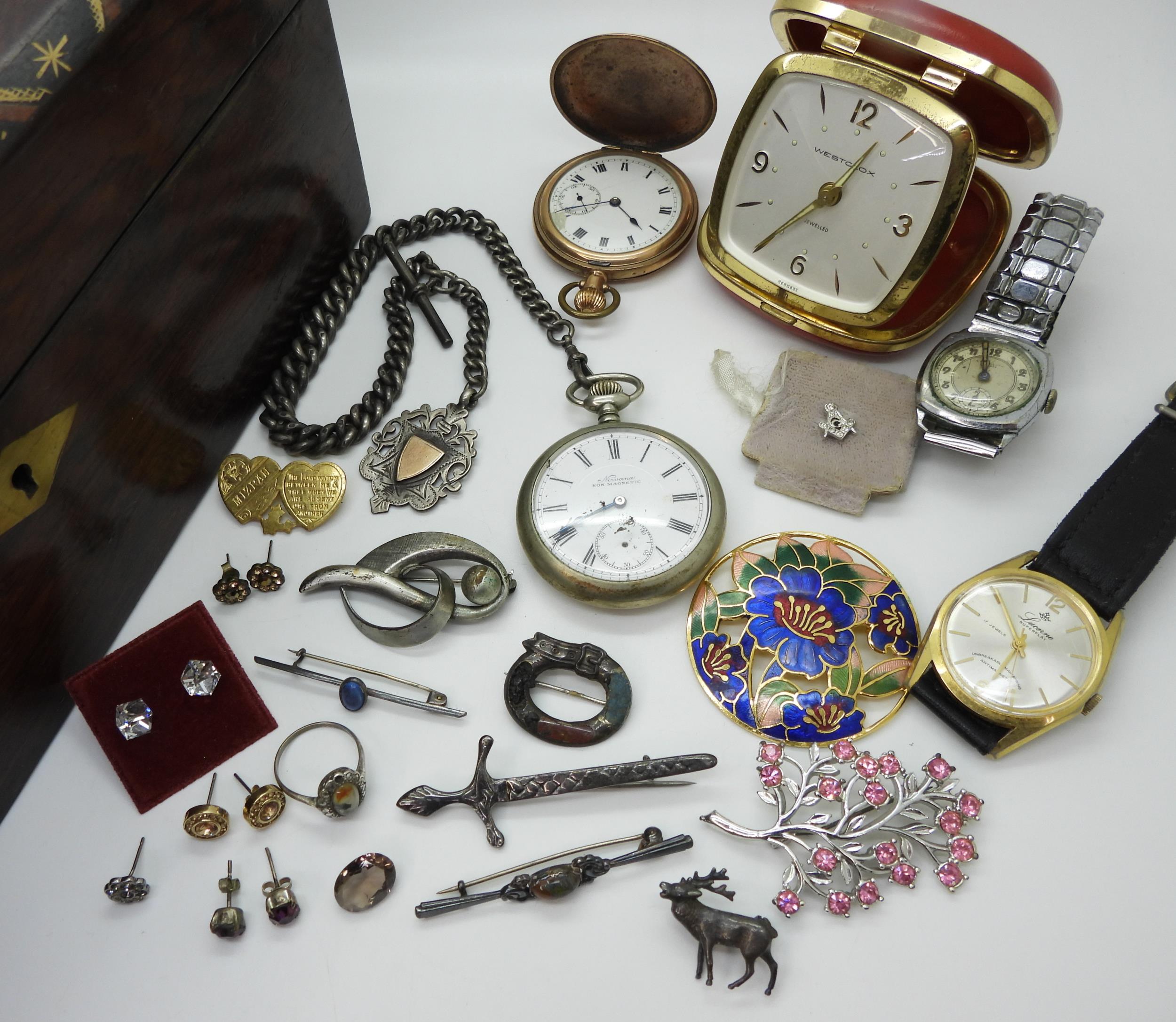 A mother of pearl and brass inlaid marquetry box, containing, a base metal Nirvana pocket watch with - Image 2 of 3