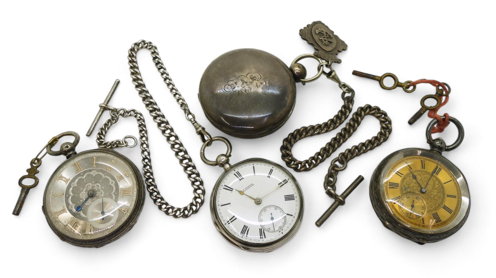 A silver full hunter pocket watch hallmarked Birmingham 1872, diamond capped fly wheel, with