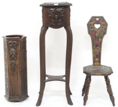 A lot comprising a 19th century oak pokerwork spinning chair decorated with fruit on the vine,