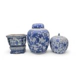 A collection of modern  Chinese blue and white ceramics including a pair of yellow ground jars and