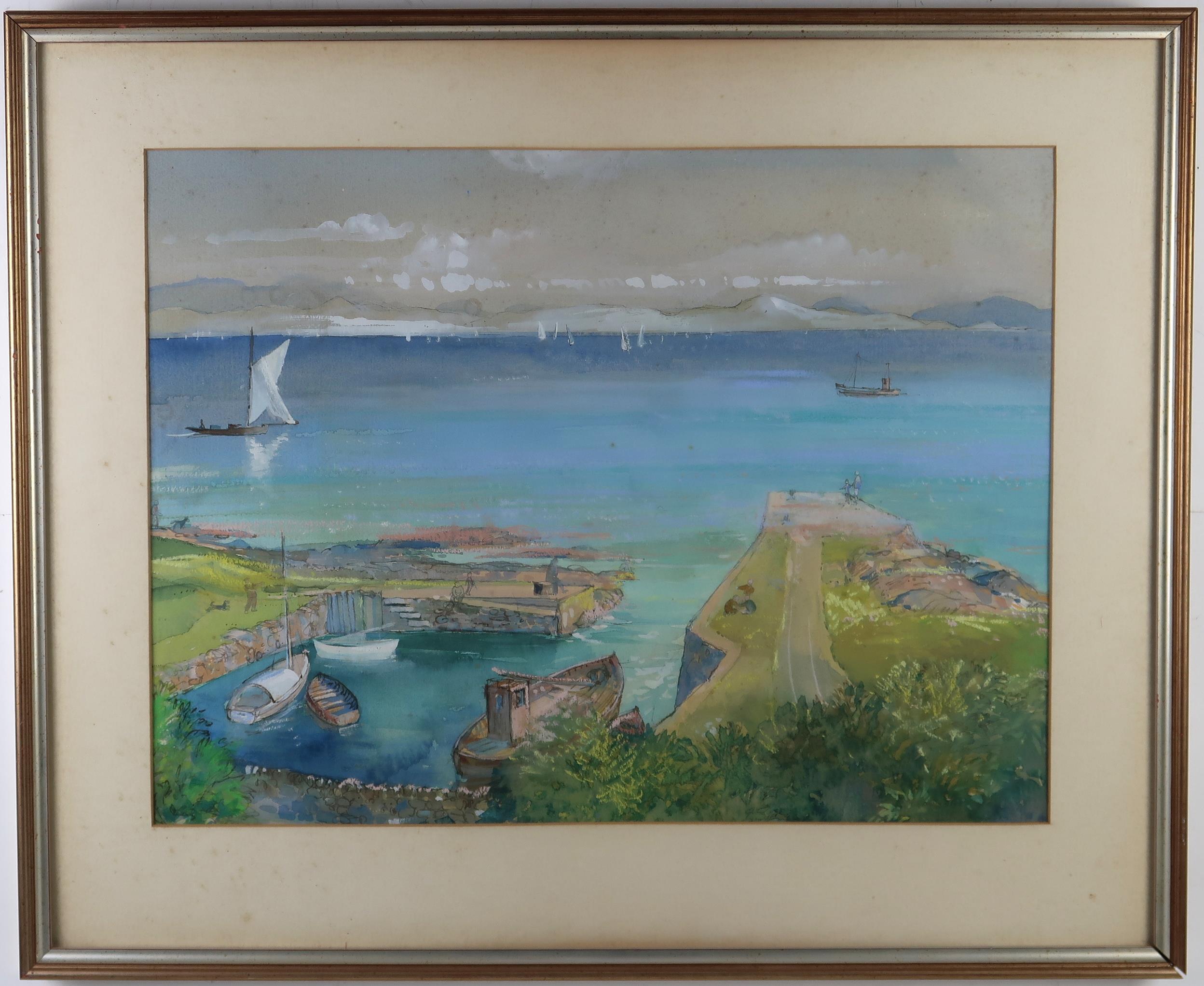 TOM SHANKS RSW RGI PAI (SCOTTISH 1921-2020)  CORRIE HARBOUR ARRAN  Mixed media on grey paper, signed - Image 2 of 5