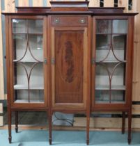 An Edwardian mahogany and checked inlaid display cabinet with single drawer over cabinet door