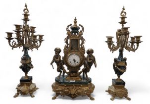 An Imperial of Italy clock garniture, the clock of lyre shape with movement marked  FHS (Franz