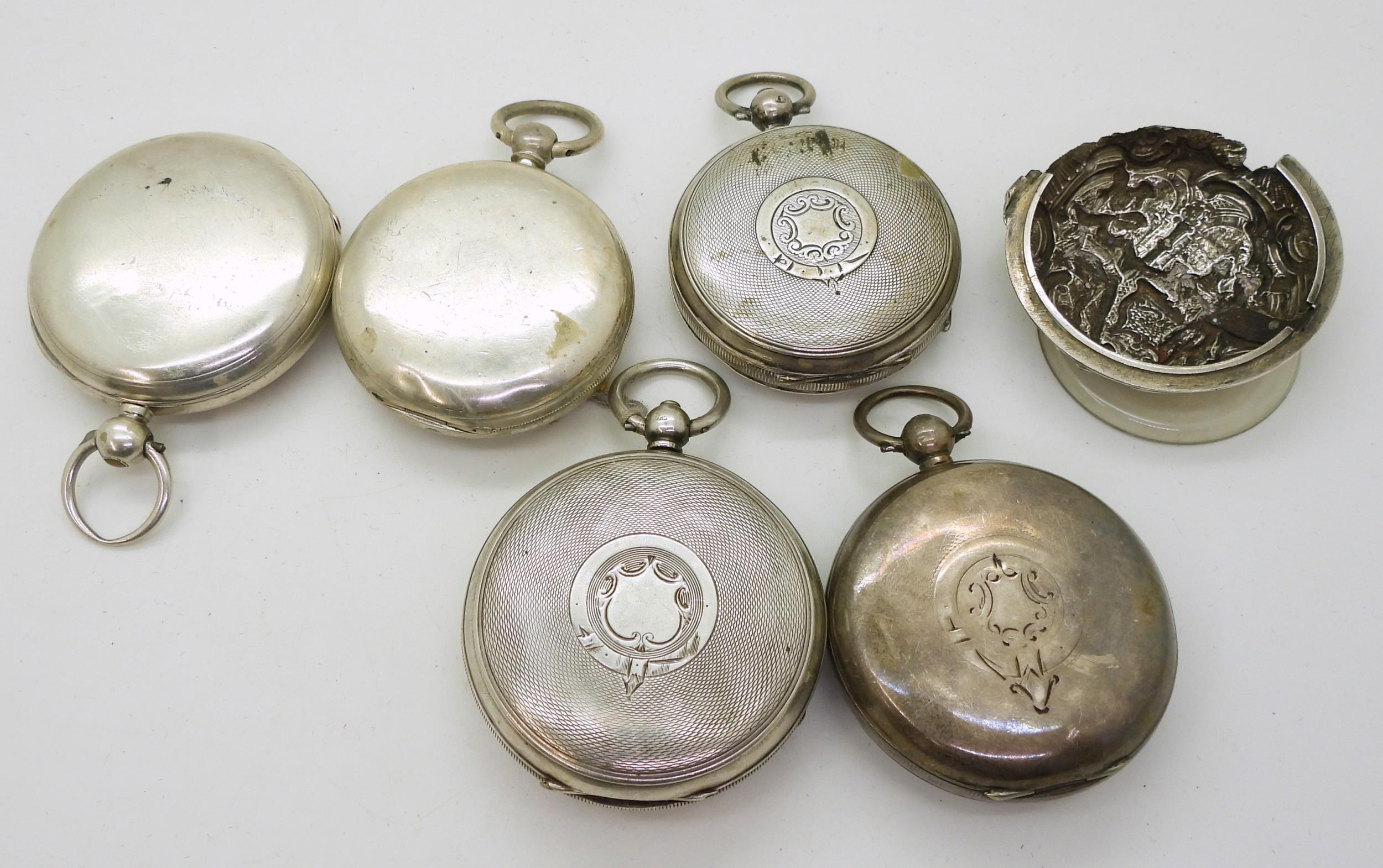 A silver full hunter pocket watch case, hallmarked 1885, four open face pocket watch cases dated - Image 3 of 3