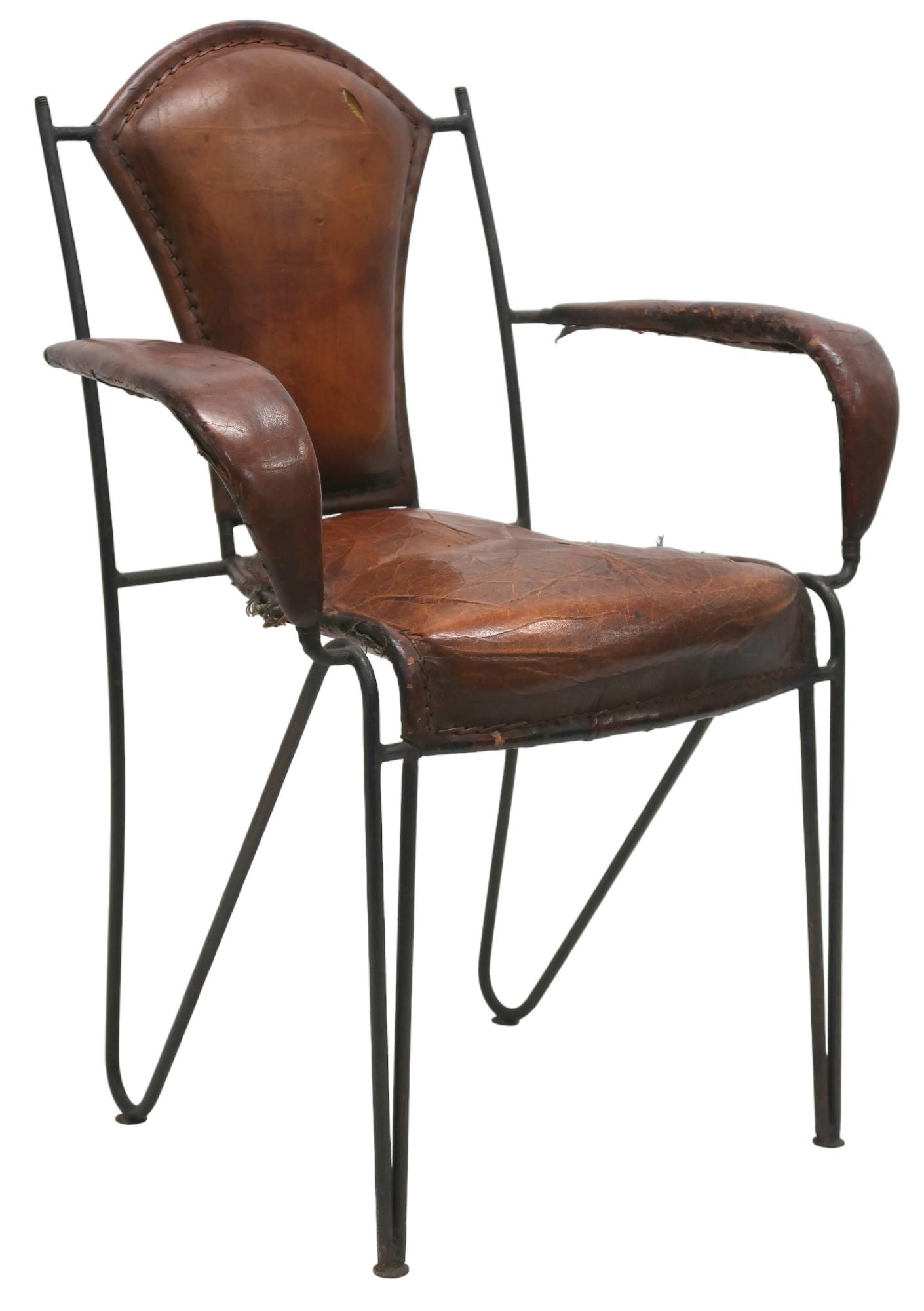 A MID 20TH CENTURY LEATHER & IRON ARMCHAIR AFTER JACQUES ADNET with open armrests made with stitched - Image 2 of 6