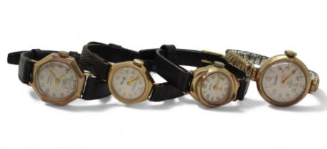 Four 9ct gold ladies wristwatches, Everite London 1960, Parex 1951, Menex Edinburgh 1957 and Waverly