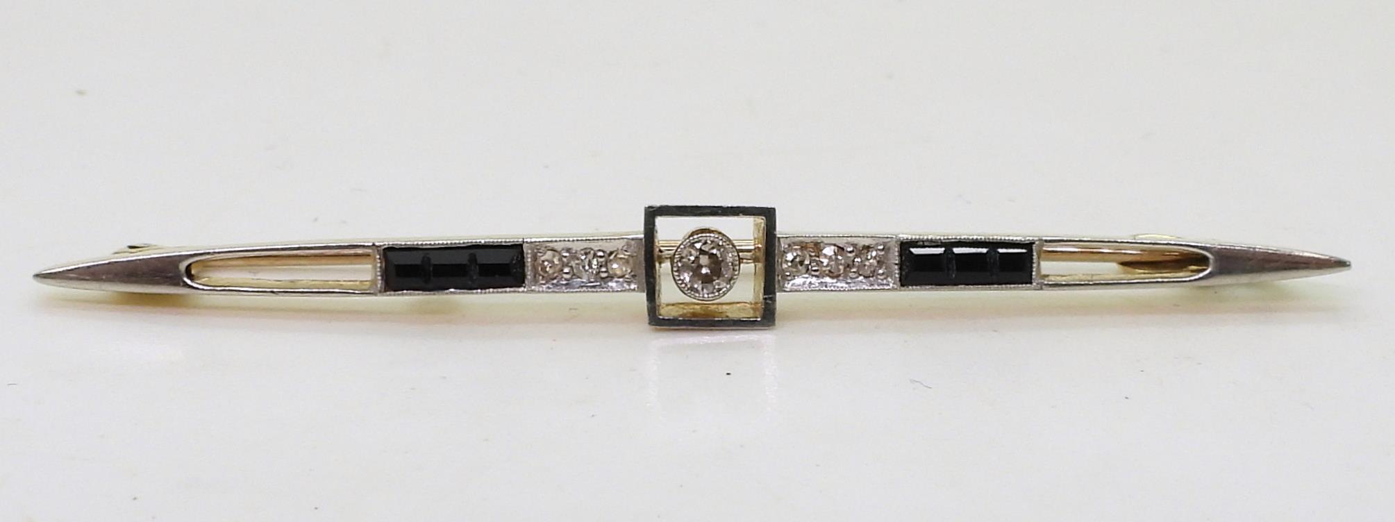 A 15ct gold diamond and black gem bar brooch, set with estimated approx 0.12cts of old cut diamonds, - Image 2 of 4