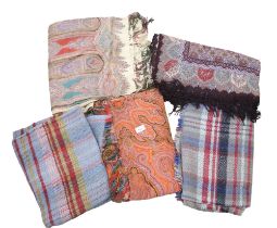 Two printed paisley shawls, a woven shawl and two woollen blankets Condition Report:Available upon