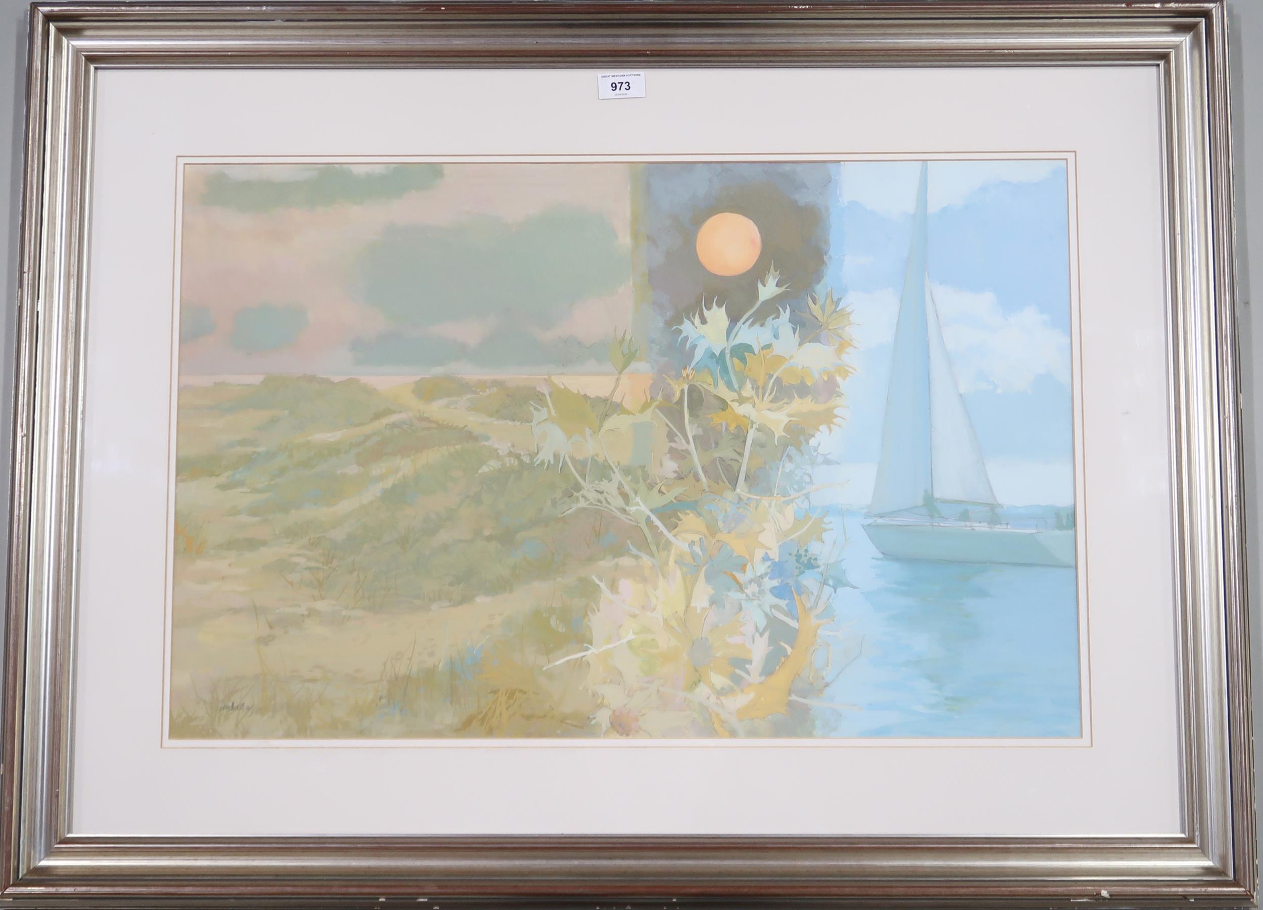 IRENE HALLIDAY RSW (SCOTTISH b.1931)  SEA HOLLY, SEA SONG  Watercolour, signed lower left, 46 x 71cm - Image 2 of 3