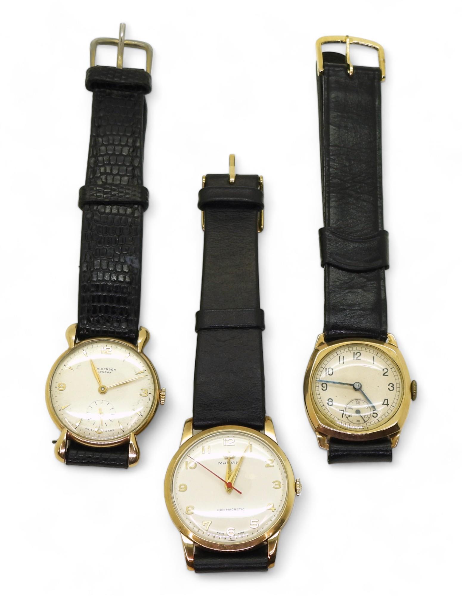 Three 9ct gold cased gents watches to include J. W Benson (Cyma movement) hallmarked Birmingham