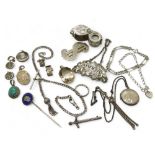 A collection of silver and white metal items to include, a fancy fob chain with tassel, a white