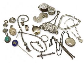 A collection of silver and white metal items to include, a fancy fob chain with tassel, a white