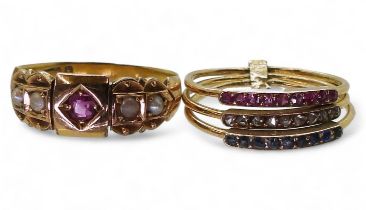 Two vintage rings, a 15ct pearl and red gem set ring, hallmarked Chester 1857, size P, an 18ct