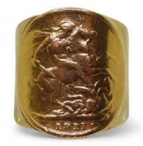 A 1911 gold full sovereign with a  soldered on 9ct gold shank, size approx O1/2, weight 13.1gms