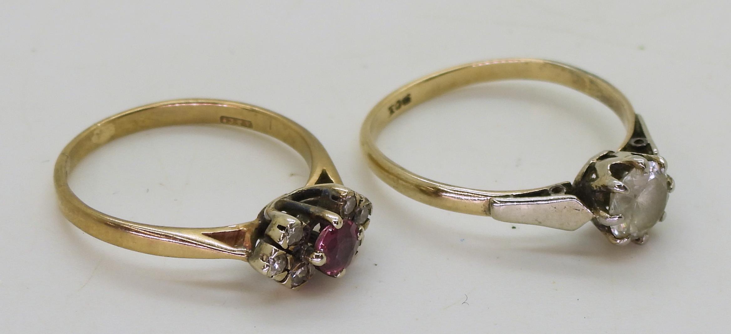 A 9ct gold pink sapphire and diamond ring size N1/2, together with a clear zircon solitaire (af), - Image 3 of 4