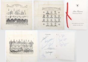 An Alan Hansen Testimonial Dinner menu, with signatures of Hansen, Sir Alex Ferguson and others;