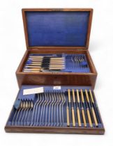 A cased three layer canteen of stainless steel ivorine / whalebone handled cutlery, 67 pieces