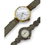 An 18ct gold ladies vintage Swiss watch with brown leather strap, the movement signed W&D, weight