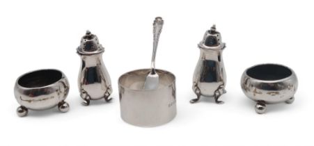 A pair of silver casters, by Edward & Sons, Birmingham, two silver salts, Birmingham, of cauldron