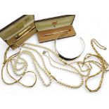 A silver torc necklace, A Cross gold plated pen and pencil set, two Napier costume jewellery