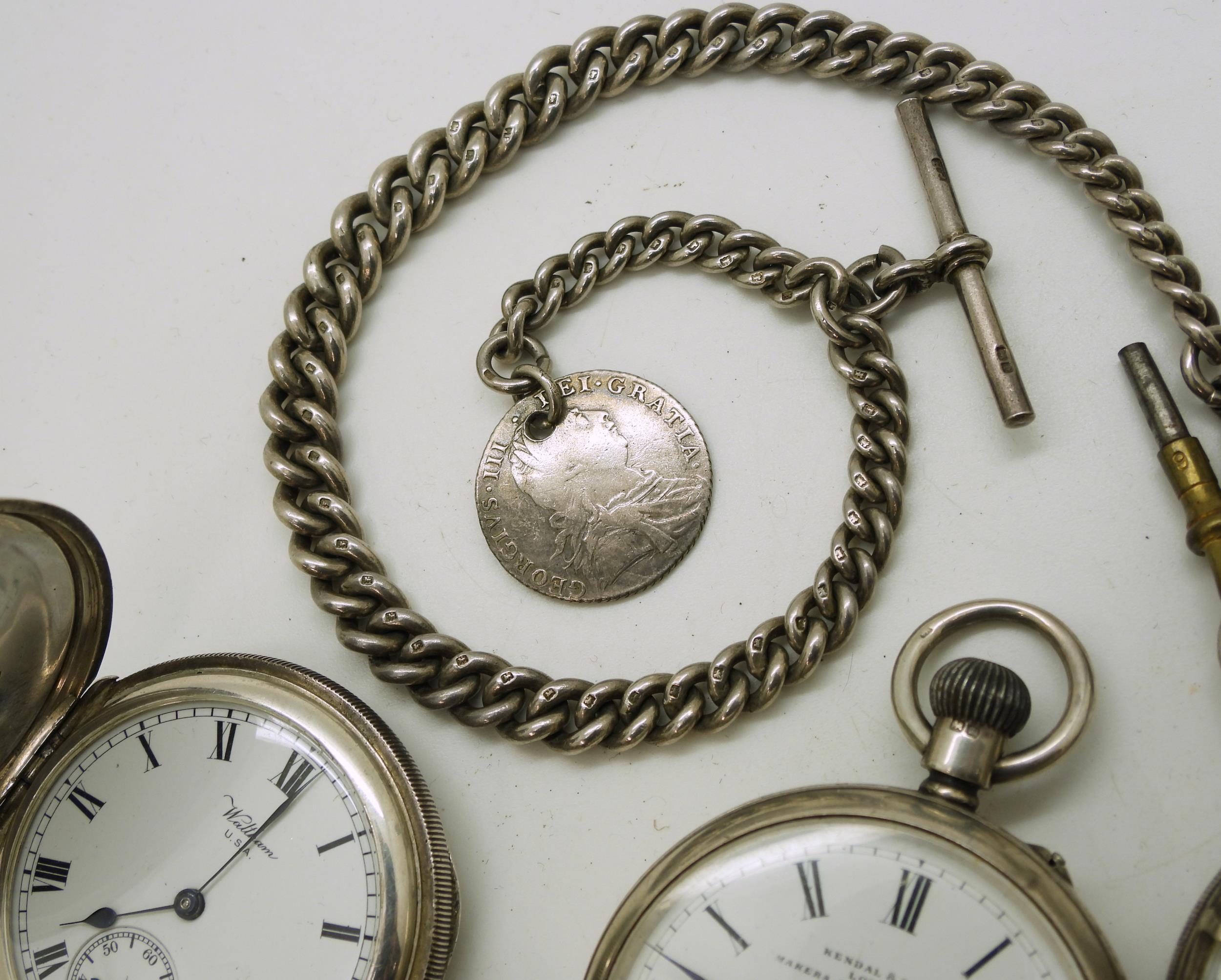 Four silver pocket watches, a silver full hunter, hallmarked London 1876, a Waltham full hunter , - Image 3 of 5