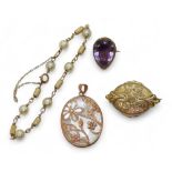 A 9ct rose gold and mother of pearl pendant, an amethyst brooch mounted in yellow metal, and a