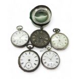 Five silver pocket watches to include a open face pocket watch hallmarked 1872, the movement