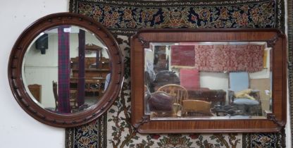 A lot comprising early 20th century circular mahogany framed bevelled glass mirror, 66cm diameter