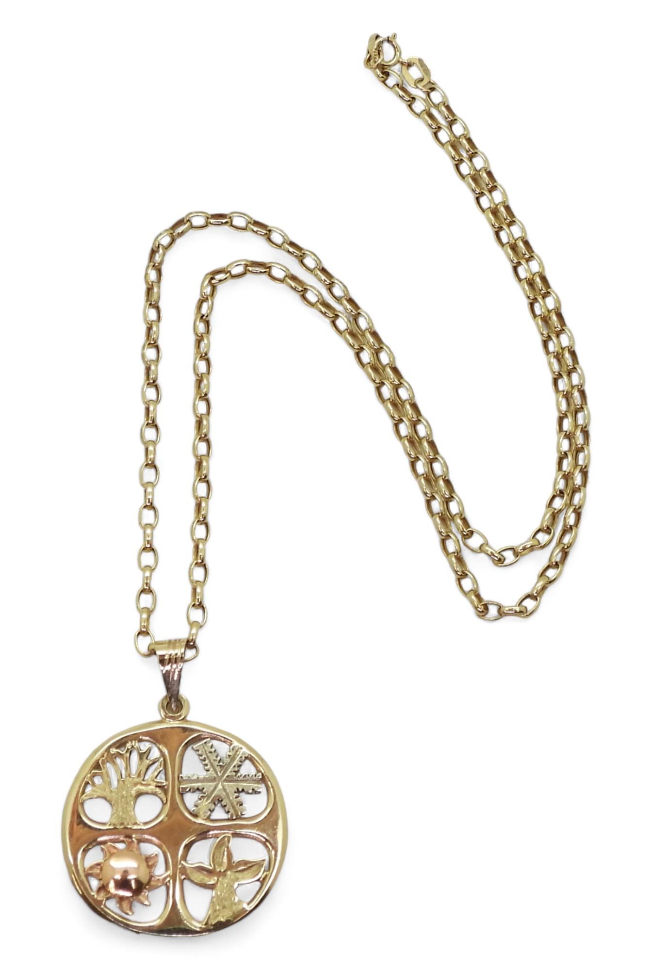 A 14k three colour gold Four Seasons pendant weight 4.7gms, together with a 9ct gold 45cm belcher