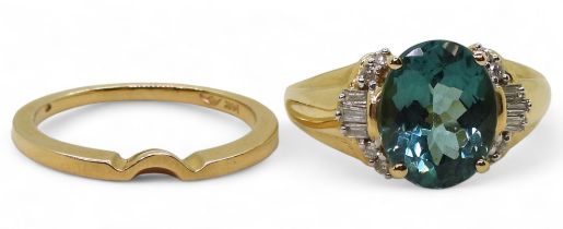 A 14k gold teal colour tourmaline and diamond ring, size O1/2, together with a shaped to fit band