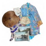 Two vintage dressing robes, two tea cosies, a woven Chinese conical hat, two pairs of vintage ladie