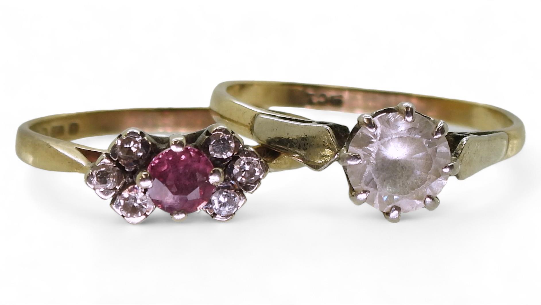 A 9ct gold pink sapphire and diamond ring size N1/2, together with a clear zircon solitaire (af),